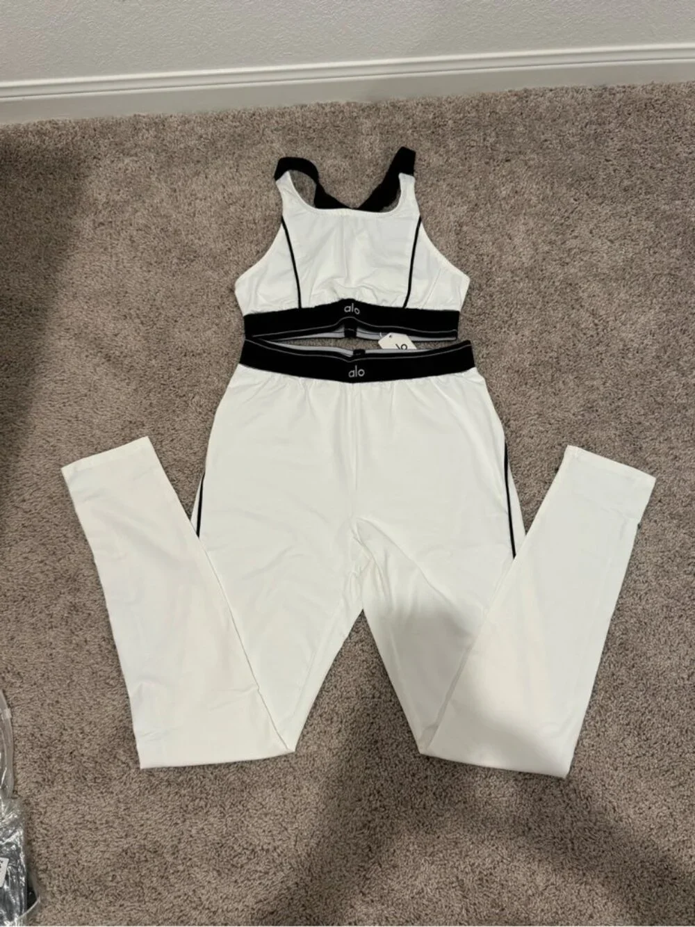 ALO Yoga Black Leggings and Sports Bra Set with White Piping